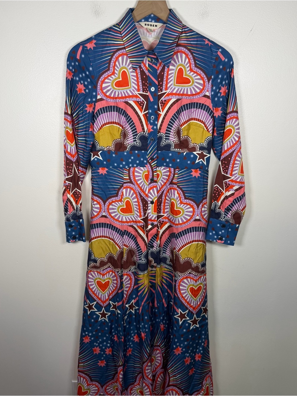 Boden Empire Hotched Shirt Dress Starburst Heart Print Midi US 4P Button Front - Picture 5 of 10